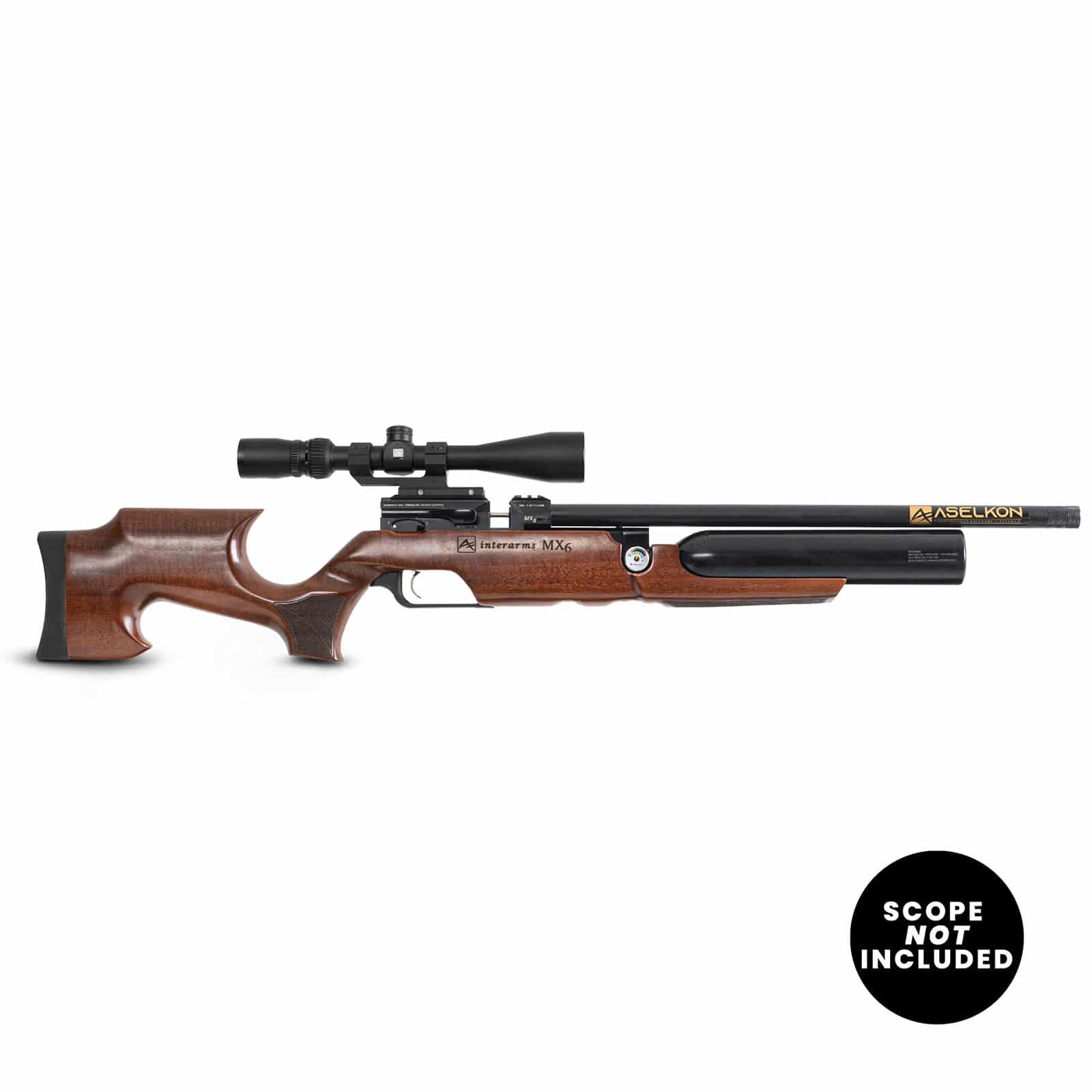 MX6 best air rifle image with a label saying scope not included
