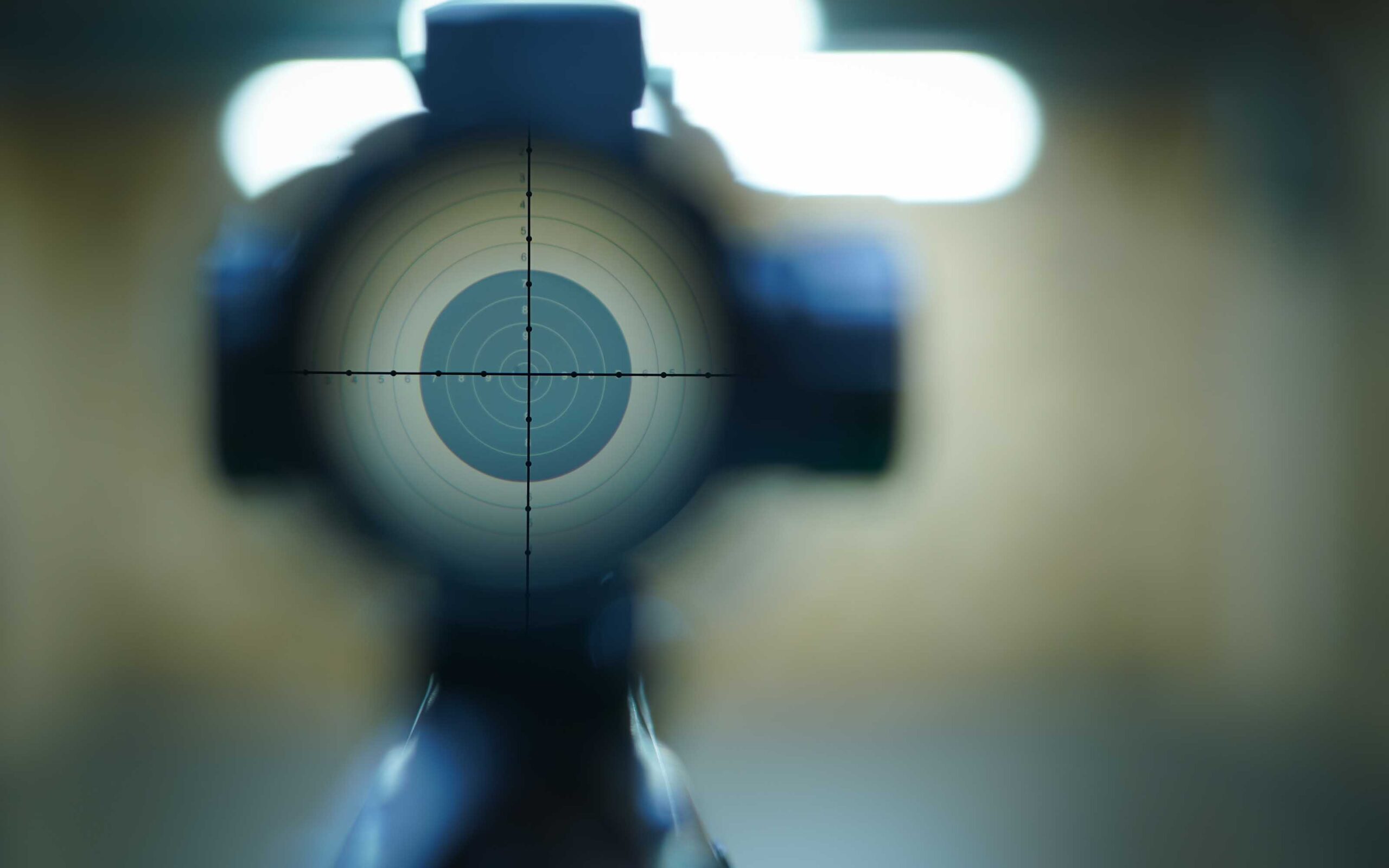 View through a rifle scope with crosshairs centered on a circular target with concentric rings, blurred background.